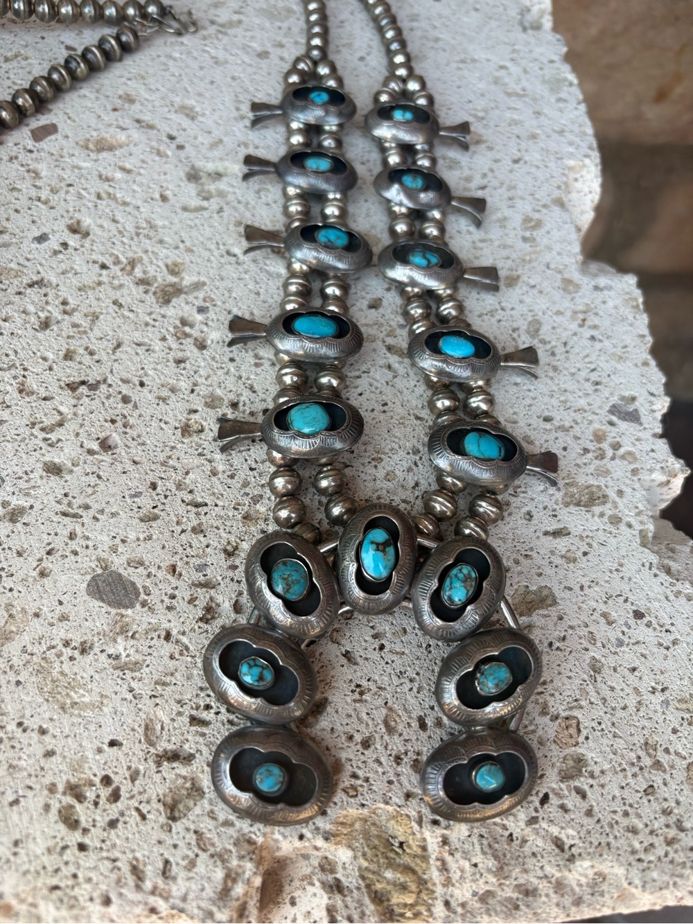 Vintage Navajo made sterling silver turquoise shadow box squash blossom